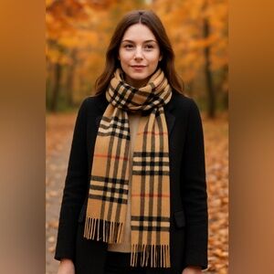 NWT Burberry Check 100% Cashmere Scarf Tan Beetroot